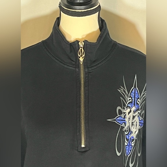 Harley Davidson 1/4 Zip Sweater Pullover Y2K Flames Bling Biker Tribal Size 1w - Picture 2 of 10